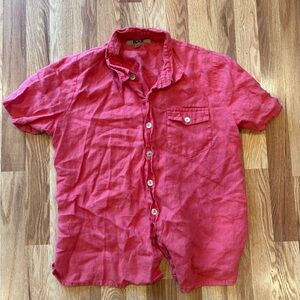 Flax Linen Short-Sleeve Button-Down Shirt in Coral vintage